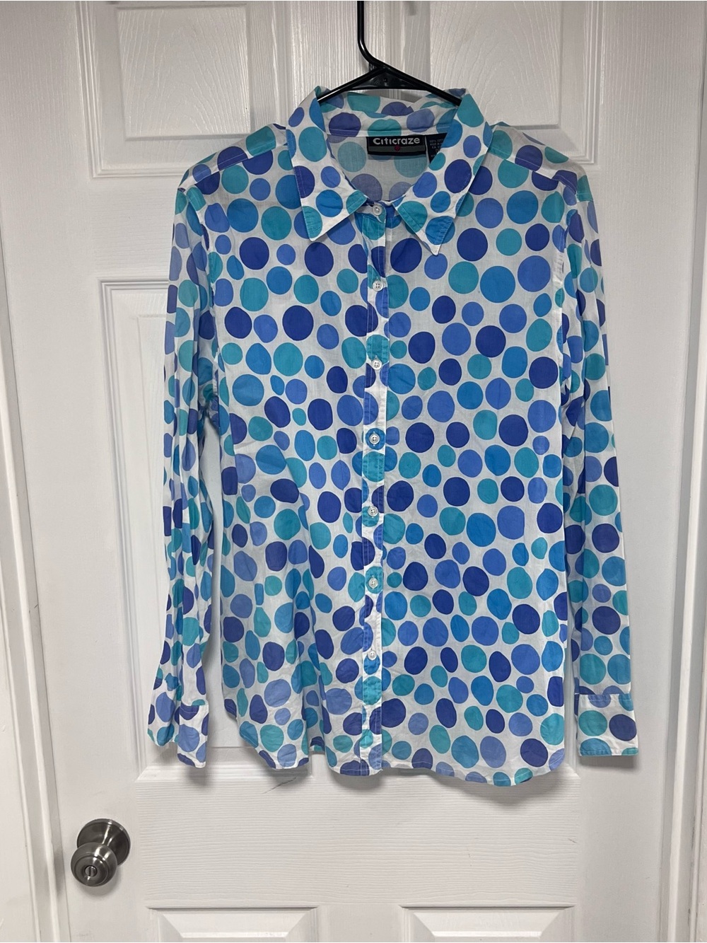 Blue Polka Dot Button-Up Blouse 100% Cotton Size XL